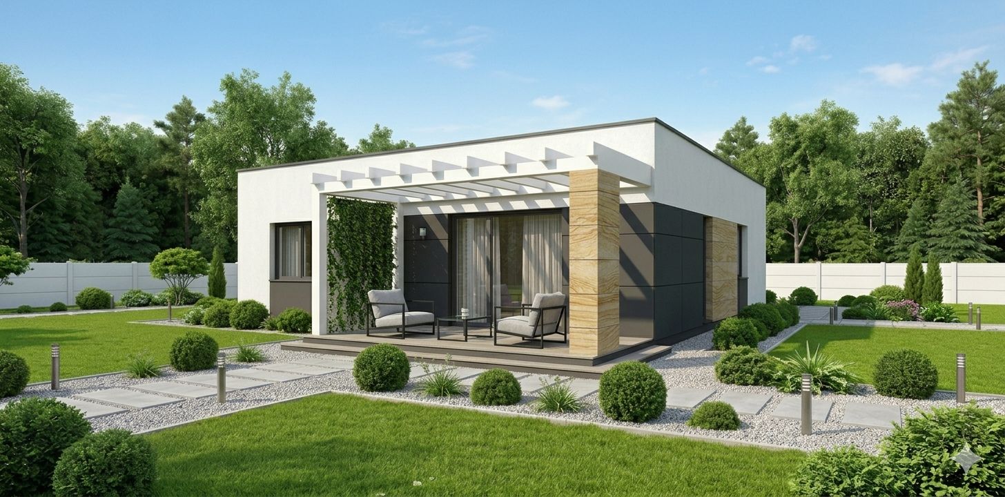 Model 100 mp — terasă cu pergolă